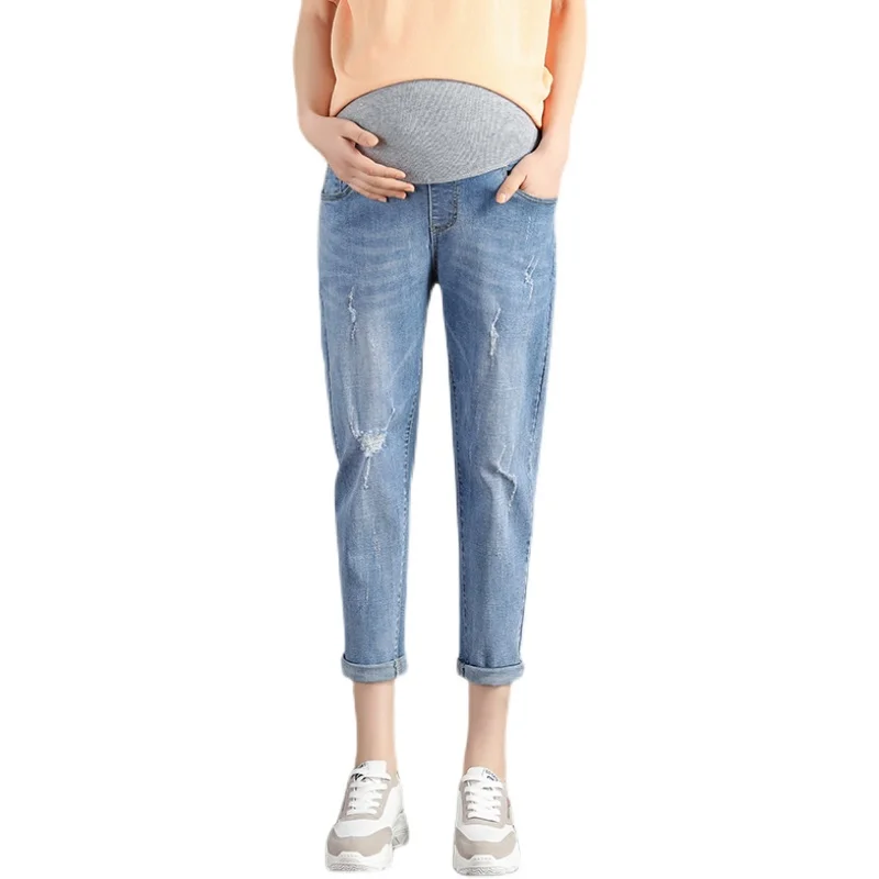

320# Spring Summer Thin Stretch Denim Maternity Jeans 8/10 Loose Straight Belly Pants for Pregnant Women Ripped Harem Pregnancy
