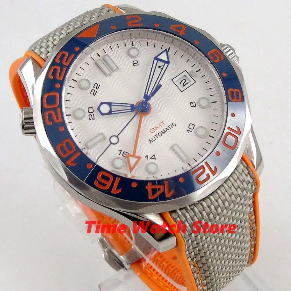 Bliger 41 мм GMT 3804 автоматические часы мужские водонепроницаемые белый циферблат