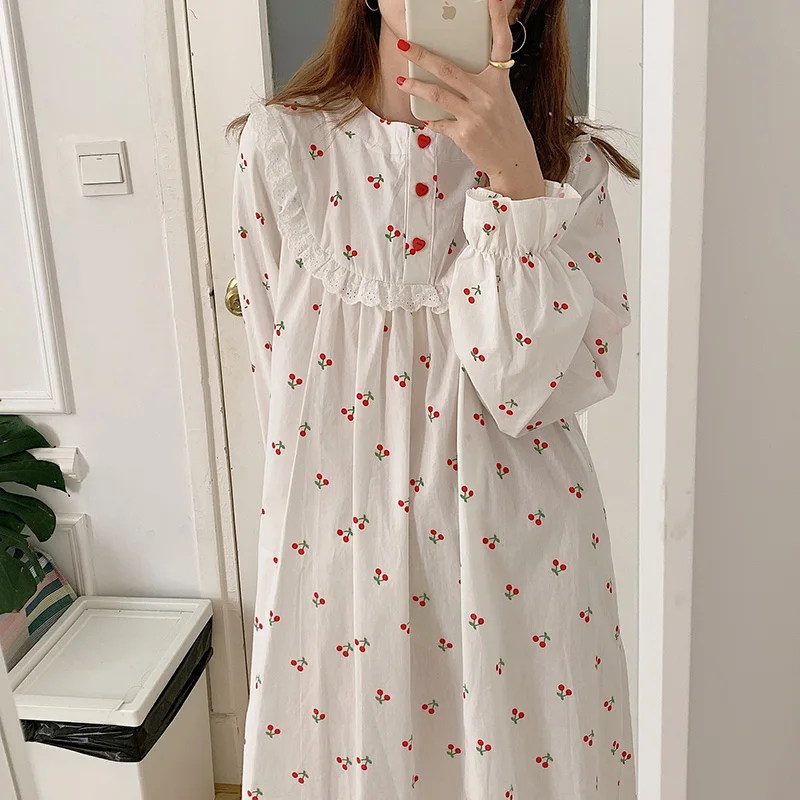 

cute cherry print white cotton nightdown women pijamas ruffles lace up loose dress home clothes ladies sleepwear nightdress
