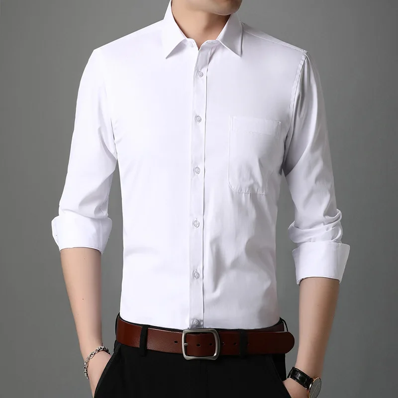 

2021 spring new men's shirt solid color long sleeve shirt no iron fit cotton business dress shirt men's shirt