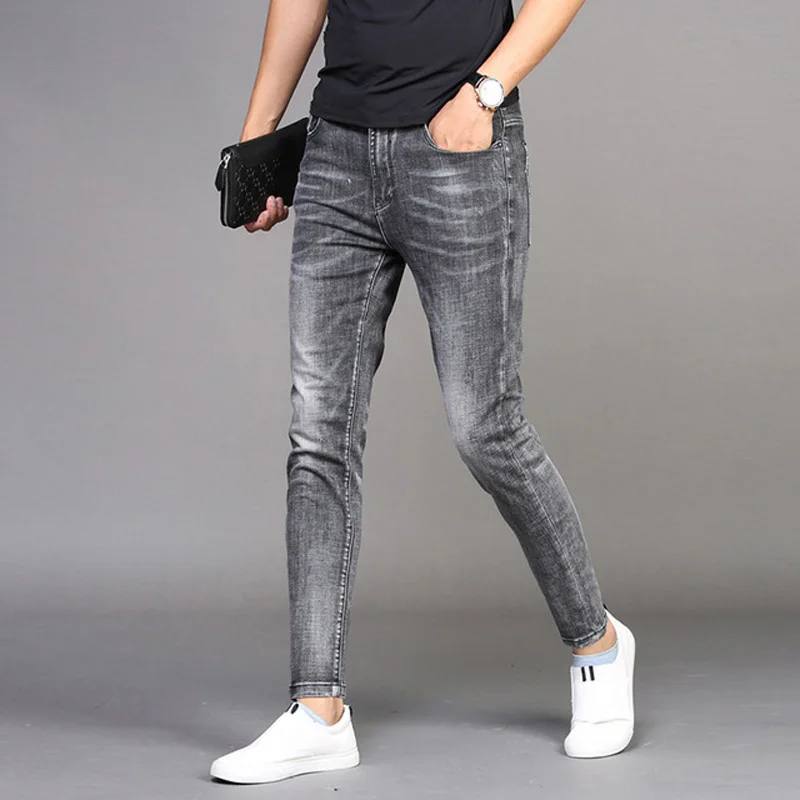 

Wholesale 2021 Denim jeans men's trendy brand Slim feet men's casual long pants Korean style summer thin smoke gray pencil pants