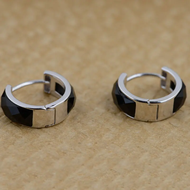 

FNJ 925 Silver Black Agate Hoop Earrings for Women Jewelry 100% Pure S925 Silver Sterling Earring