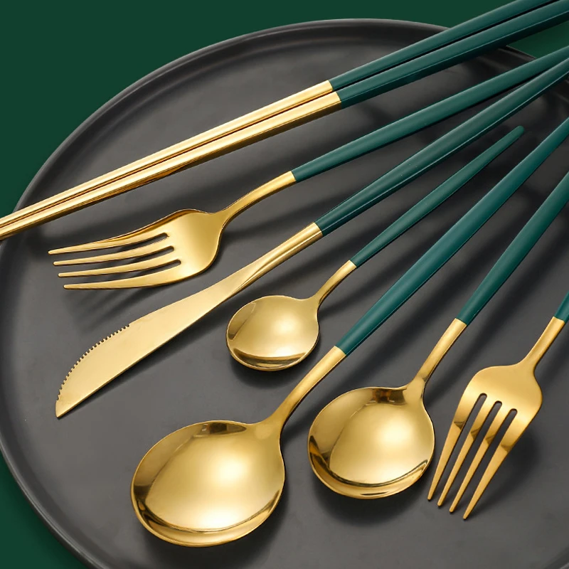 

Dark green gold dinnerware set steak fork spoon knife chopsticks set party tableware set kitchen accessories flatware set