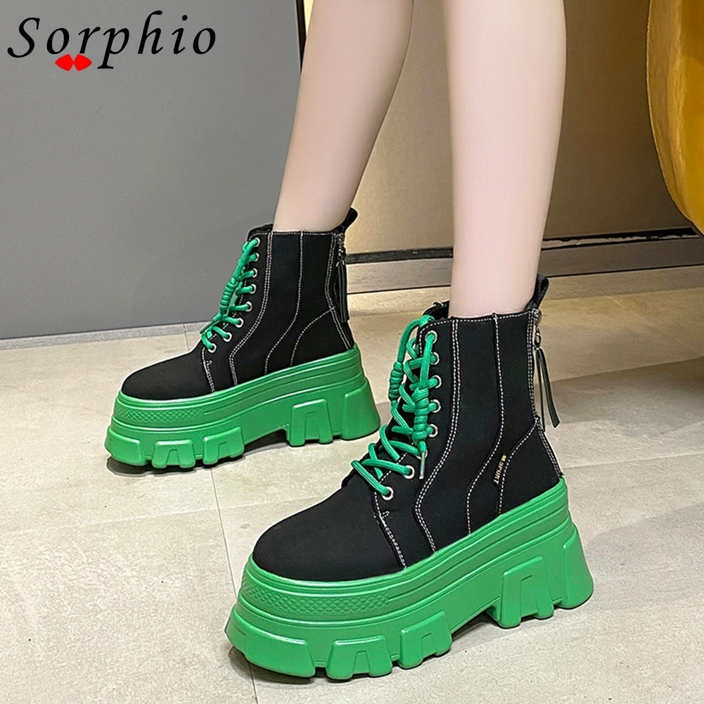 

Женские мотоциклетные ботинки, холщовые полусапожки на платформе, на шнуровке, на массивном каблуке, полусапожки с круглым носком, хит прод...