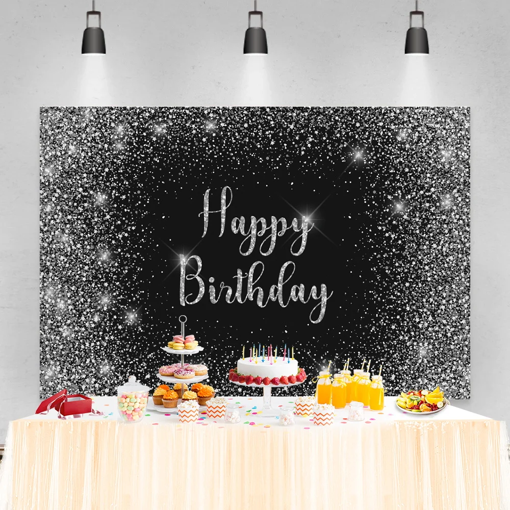 

Laeacco Shiny Glitter Star Black Silver Dots Birthday Party Personalised Poster Photocall Photo Background Photographic Backdrop