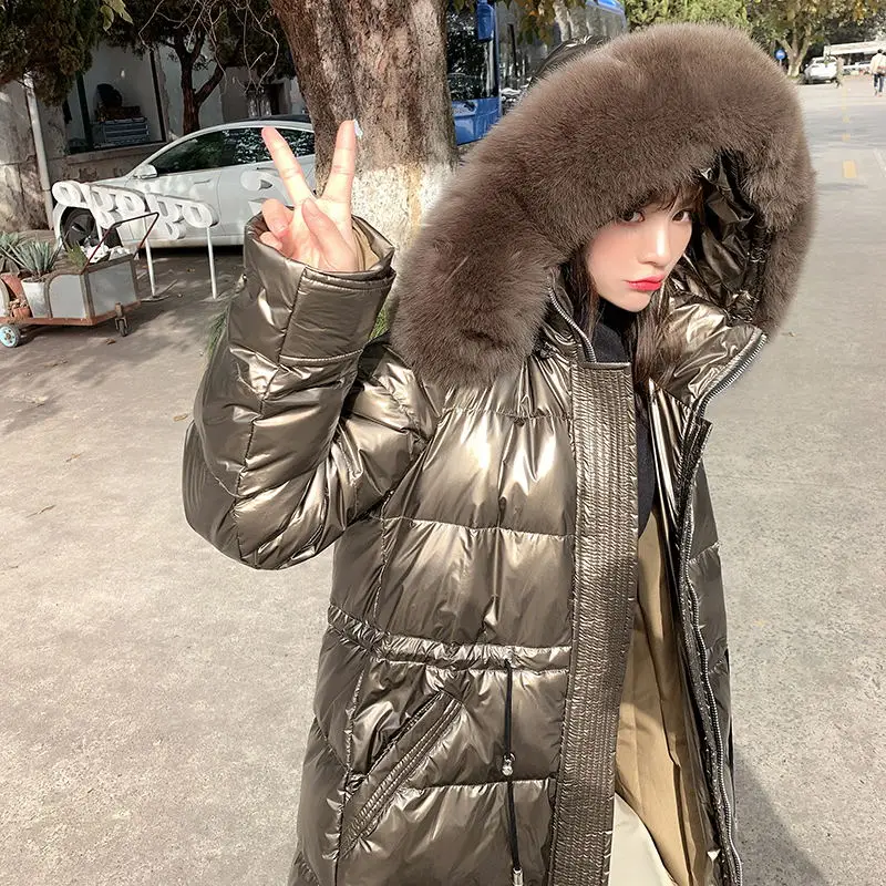 Punk Women Winter Gold Down Cotton Jacket Fashion Glossy Black Hooded Thick Shiny Loose Real Fox fur Warm Parkas Lady Coat |