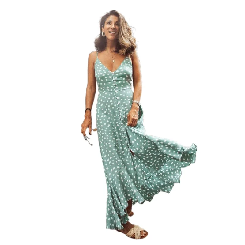 

2021 new Elegant Polka dot boho women midi summer dress Sexy v-neck strap button A-line dress Female print beach vestidos