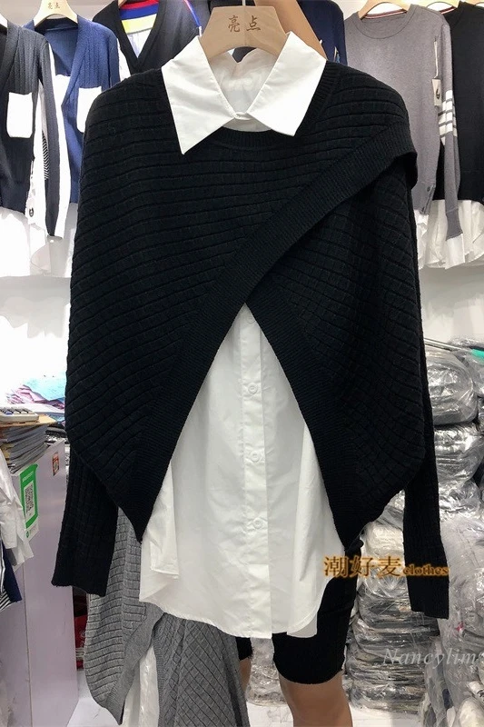 

Women's Pullover Spring Autumn New Korean Style Loose BF Round Neck + Split Sweater Single-Breasted Shirt Two-Piece Sets