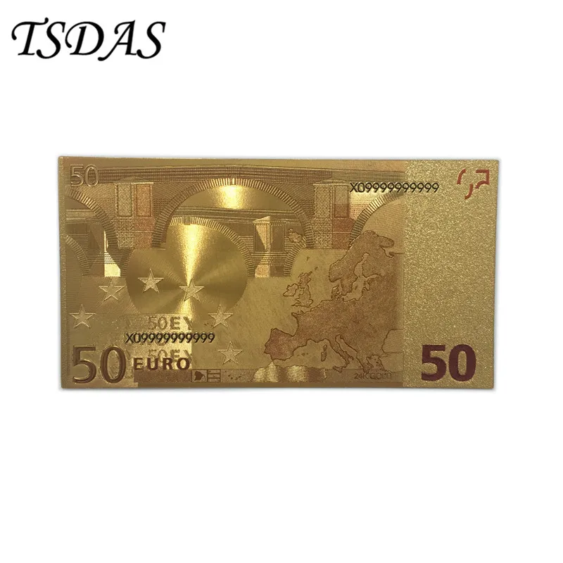 Color Gold Plated Euro Banknotes 24K Foil 50 Notes for Collection Gifts|Золотые банкноты| |