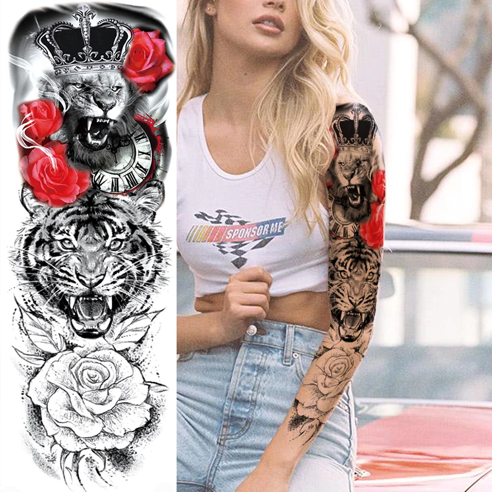 Свирепый лев Король тигр Временные татуировки для женщин мужчин полные руки и