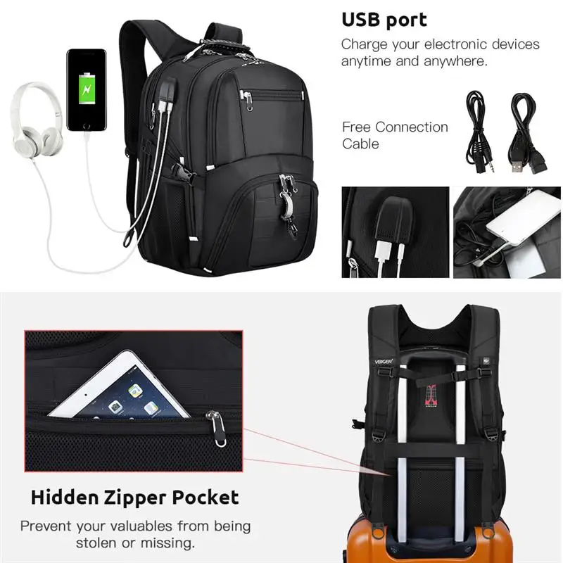 Vbiger 17 3 дюймов черный большой рюкзак для ноутбука мужской с usb зарядным портом и