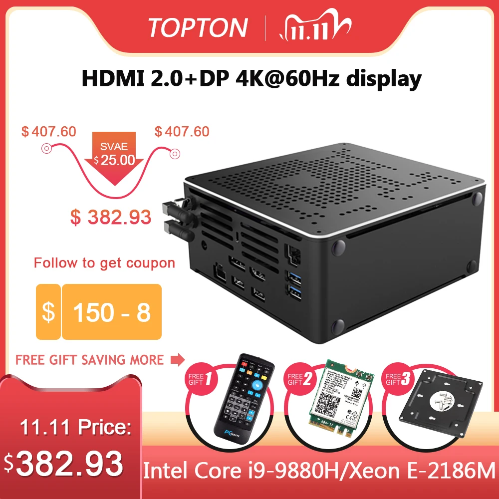 2Lan игровой ПК Intel Core i9 9880H i7 9850H Xeon E 2186 2 * DDR4 M.2 NVMe Windows 10 Linux мини компьютер 4K HTPC HDMI DP WiFi