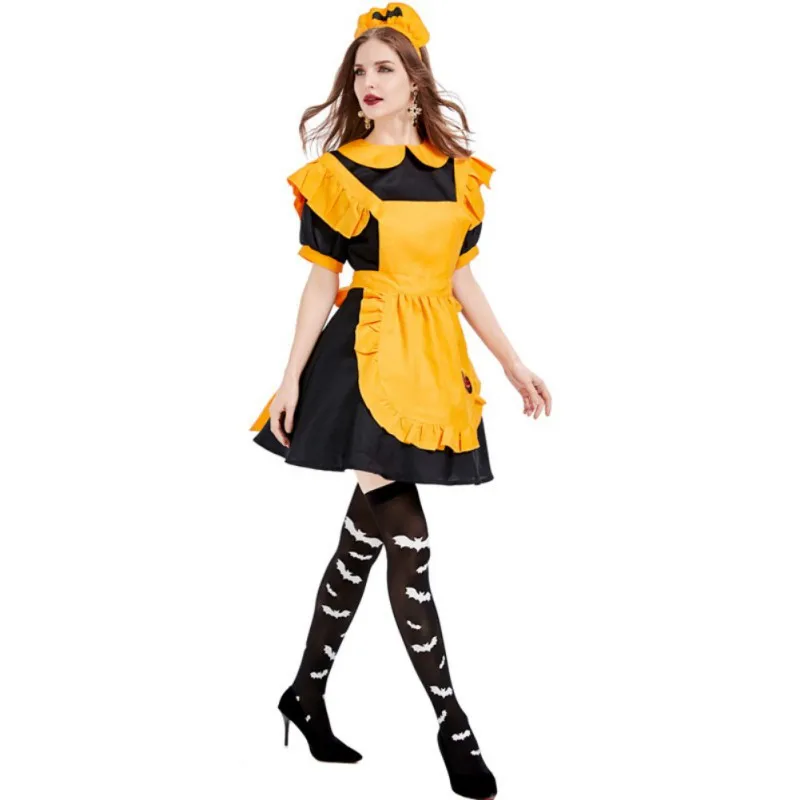 

New Halloween Costume Vampire Maid Servant Jack And Witch Jack-O '-Lantern Dress Bat Patterned Stockings Purple