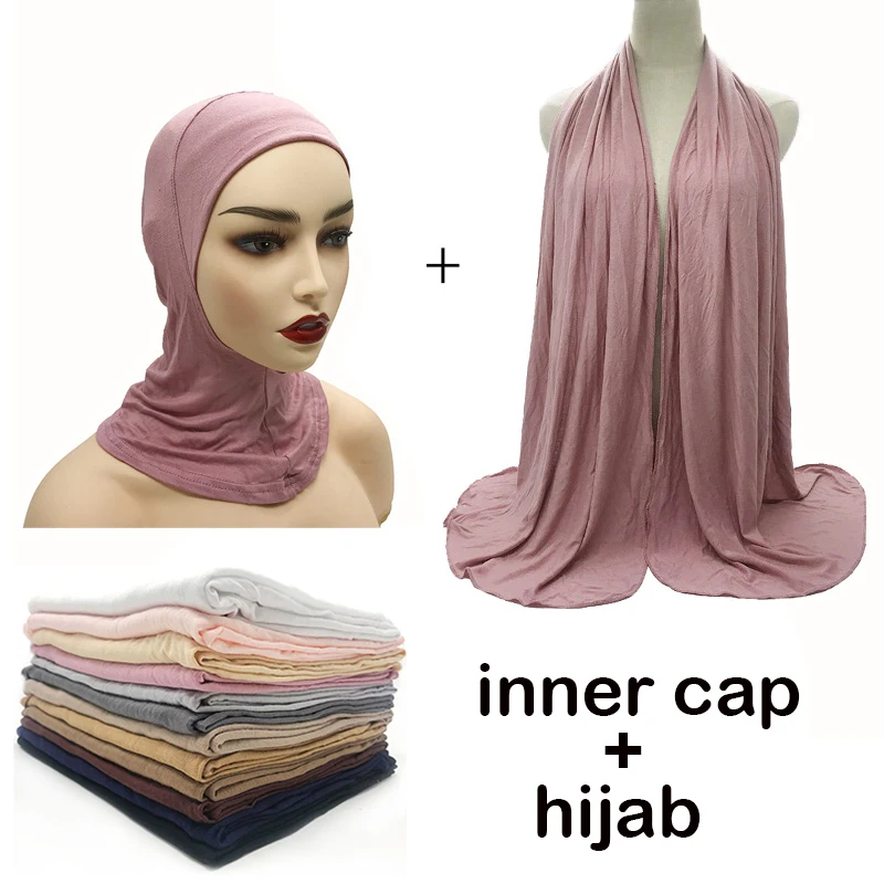 Jersey Scarf Women Two Piece Set Elasticity Cotton Turban Hat Shawl Elegant Modest Muslim Hijab Scarf Good Quality Scarves Shawl