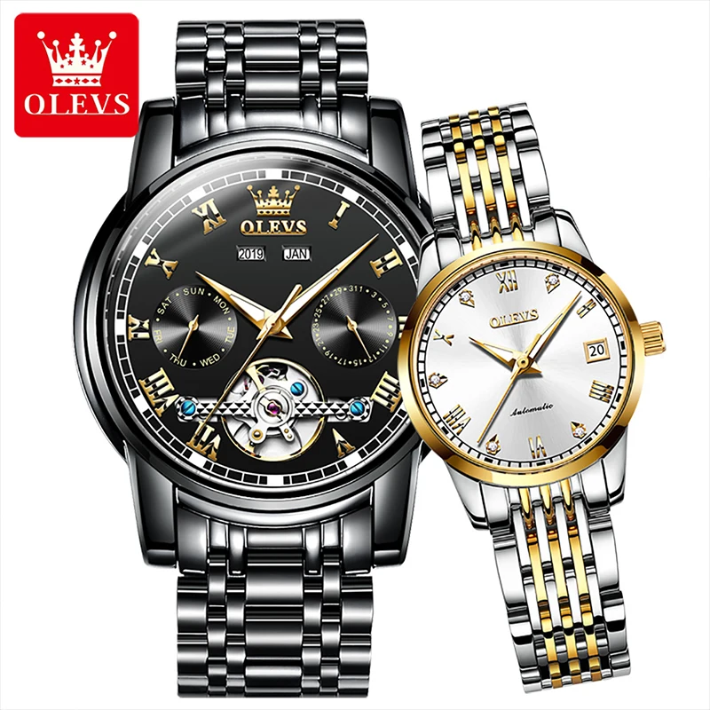 

OLEVS New Fashion Casual Automatic Tourbillon Mechanical Waterproof Couple Watch Hollow Solid Stainless Steel Bracelet Watches