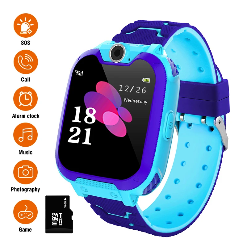 Blue 32GB card Mpow Kids Смарт-часы, большой экран, телефон, игровые часы с сенсорным экраном, камера, часы с SOS звонком для мальчиков и девочек, детские подарки с 32 Гб картой памяти, Детские умные часы - Цвет: Blue 32GB card