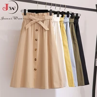 women summer casual solid cotton skirts 2021 spring korean style elegant high waist single breasted bow belt a line midi skirt
