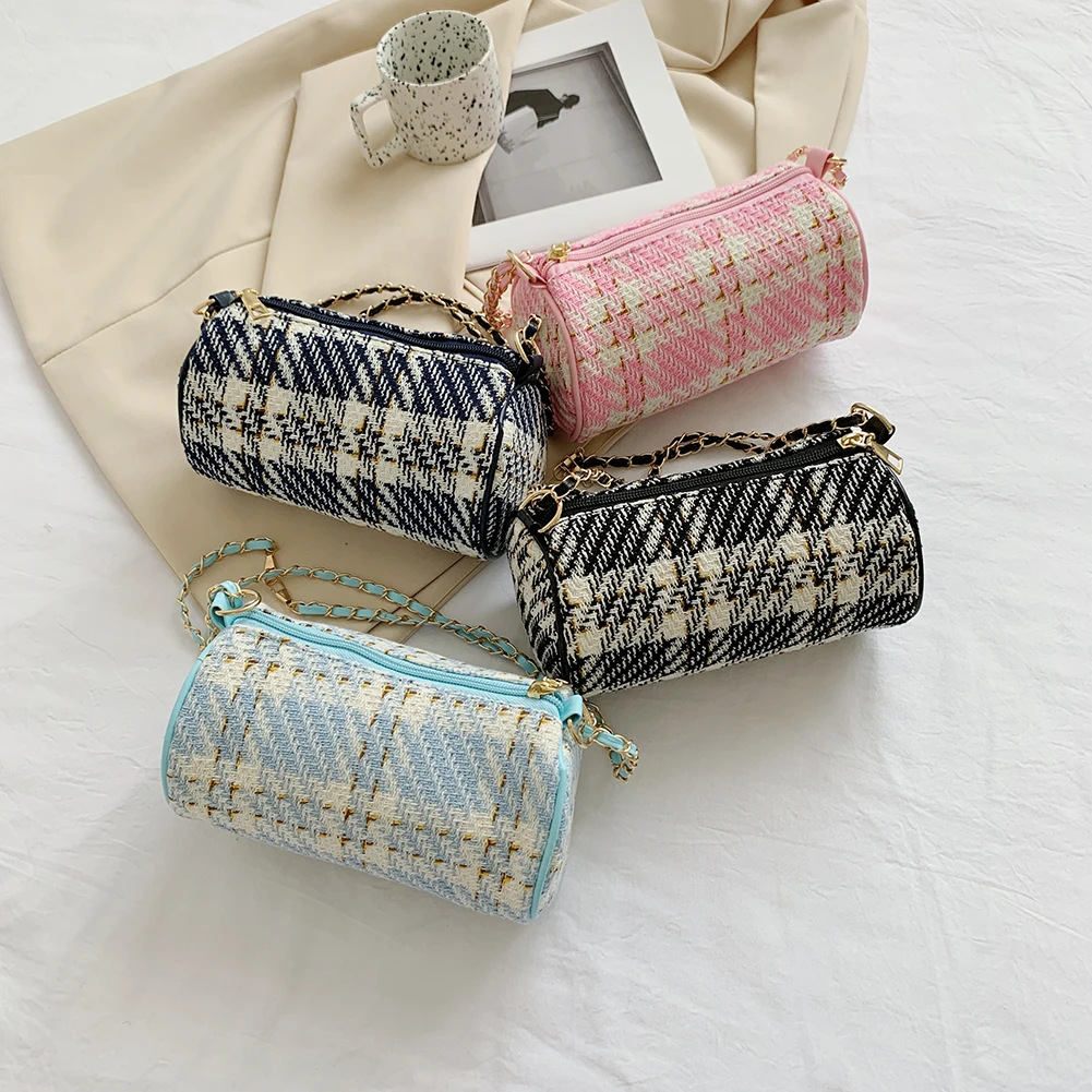 

Woolen Cloth Cylindrical Shoulder Bag New Fashion Women Plaid Printing Messenger Bags Casual Ladies Chain Mini Crossbody Handbag