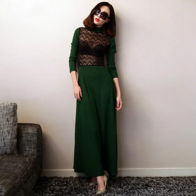 Зазор! Женские кружевные вязаные платья с высоким воротником на весну и осень