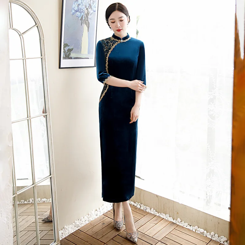 

Chinese Style Velvet Cheongsam Autumn Winter New Retro Elegant Improved Cheongsam Thicken Ankle-length Dress Lace Applique Qipao