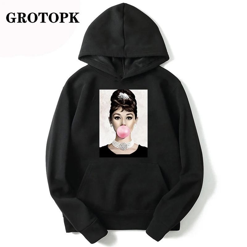 

New Audrey Hepburn Pink Bubble Gum Print Hoodies Streetwear Men/women Autumn Winter Harajuku Sweatshirt Unisex Pullover Hoody