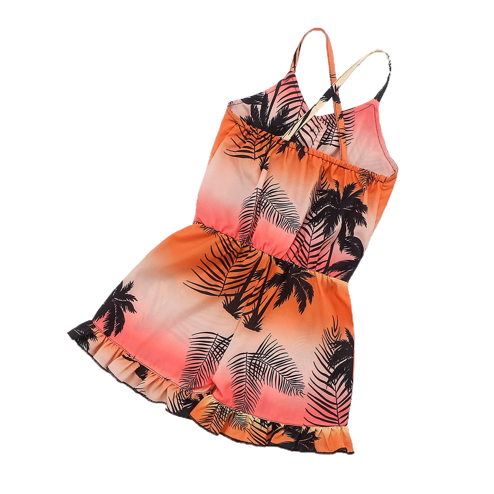 

Children Tree Print Short Romper, Girls Sleeveless V-neck Sling Jumpsuit with Waistband