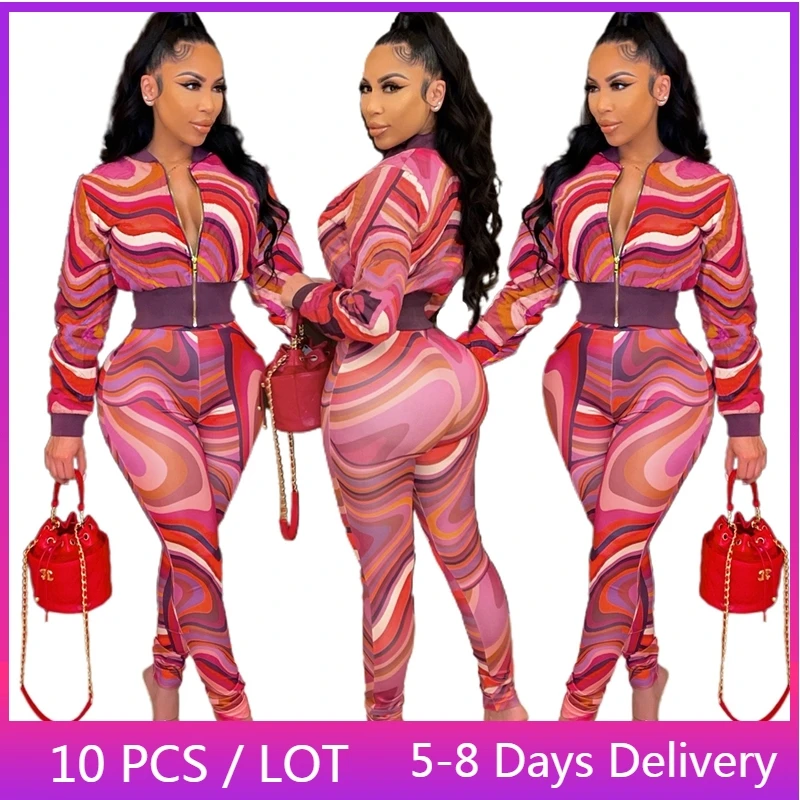 

Оптовая продажа, облегающий розовый спортивный костюм, женская осенняя одежда для фитнеса, повседневный комплект из 2 предметов, женская одежда, пиджак и леггинсы с принтом