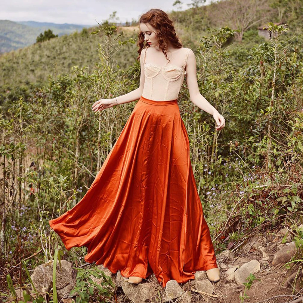 

Женская атласная юбка, оранжевая юбка в пол из тафты, длинная юбка макси, гофрированные длинные юбки