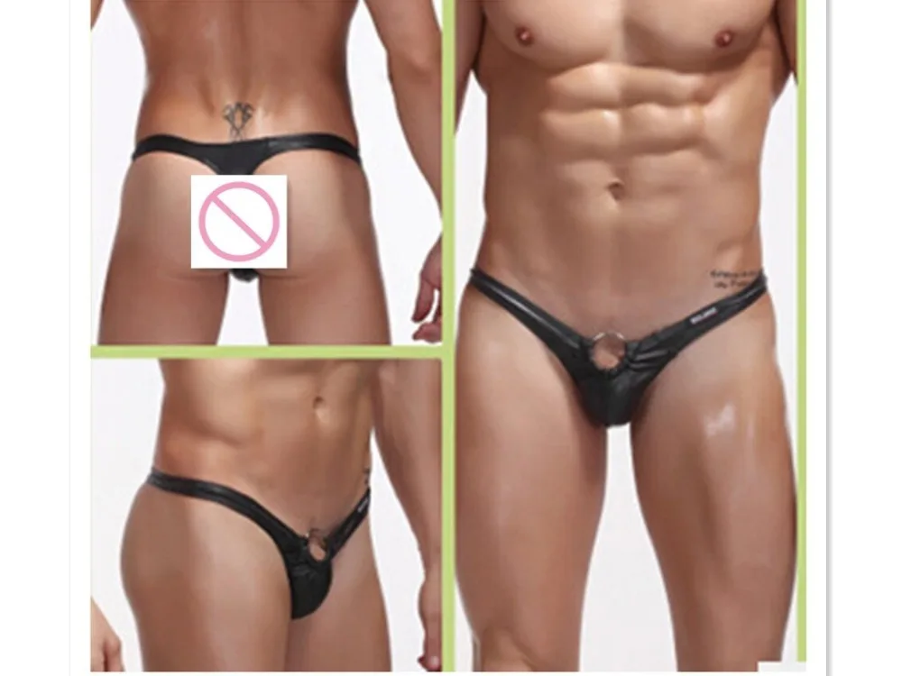 Лидер продаж мужские стринги микро-стринги из искусственной кожи черное Мужское