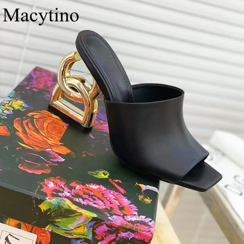 2023 New Strange Metal High Heel Ladies Slippers Summer Square Toe Shallow Mouth Sandals Fashion Party Black Slippers