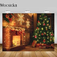 mocsicka christmas photo background wallpaper brick fireplace xmas tree lights decoration wood backdrop props for photography