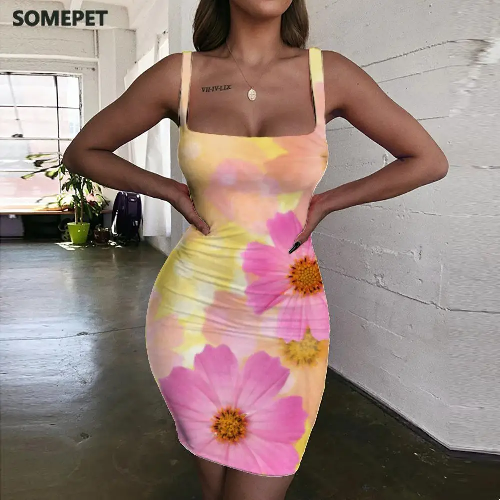 

SOMEPET Psychedelic Dress Women Flowers Halter Sleeveless Cool Bodycon Dress Art Vestido Sexy Womens Clothing Party Vintage Boho