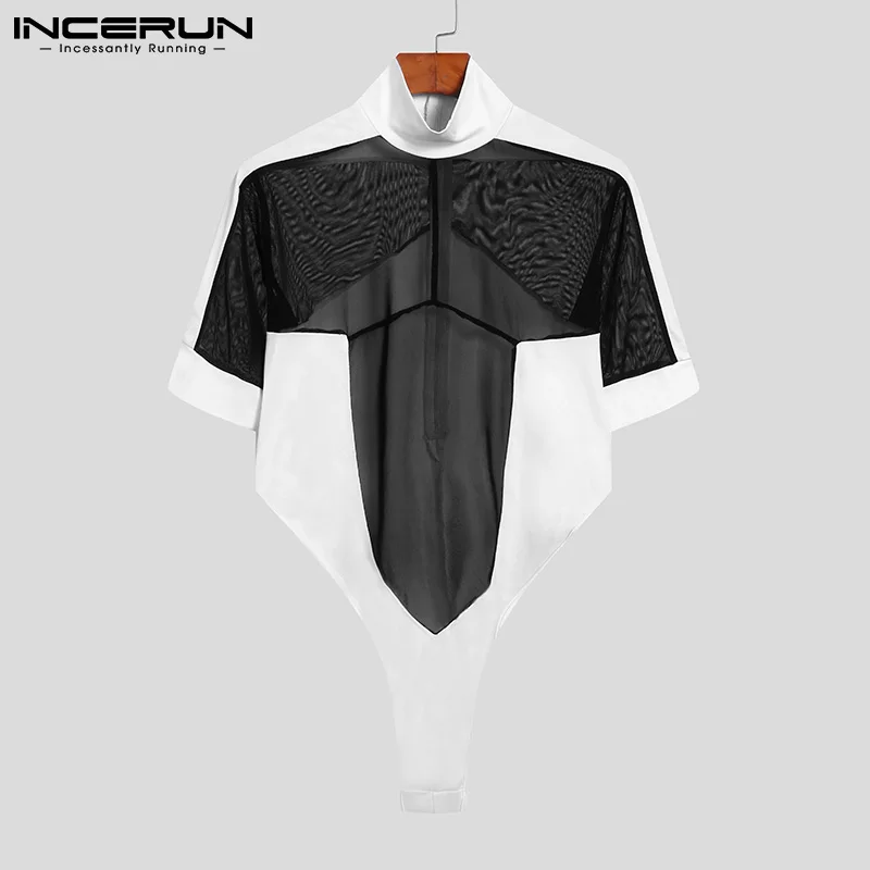 INCERUN Comfortable Homewear Men's Sexy Leisure Short Turtleneck Solid Color Splicing Breathable Mesh Sleeveless Bodysuit S-5XL