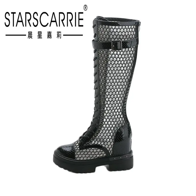 

Ажурные дышащие сетчатые сапоги, новинка 2020, высокие и облегающие сапоги на толстой подошве, сапоги с пряжкой для ремня, свободные сапоги