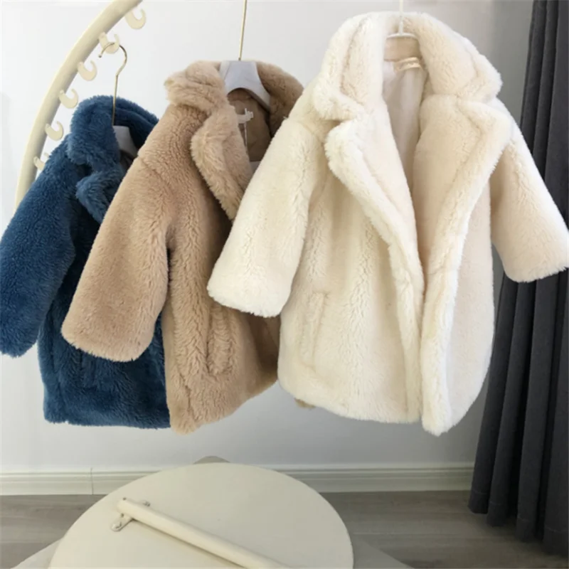 2-9Y Kids Girls Faux Fur Coats 2022 Winter Thicken Warm Mid-length Cashmere Coat for Children's Boys Clothing Christmas