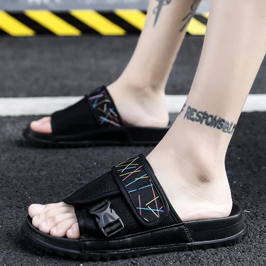 black 2 Кроссовки без шнуровки; красивые пляжные шлепанцы без задника; большие размеры 45; большие размеры 46; Повседневная Уличная Мужская обувь из сетчатого материала; летние спортивные черные сандалии; шлепанцы - Цвет: black 2