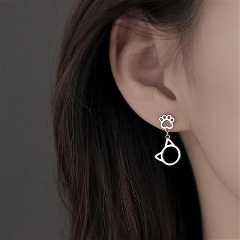 

Cute Animal Cat Paw Print Silver Color Earrings Elegant Mini Drop Earrings Sweet Women's Girl Jewelry
