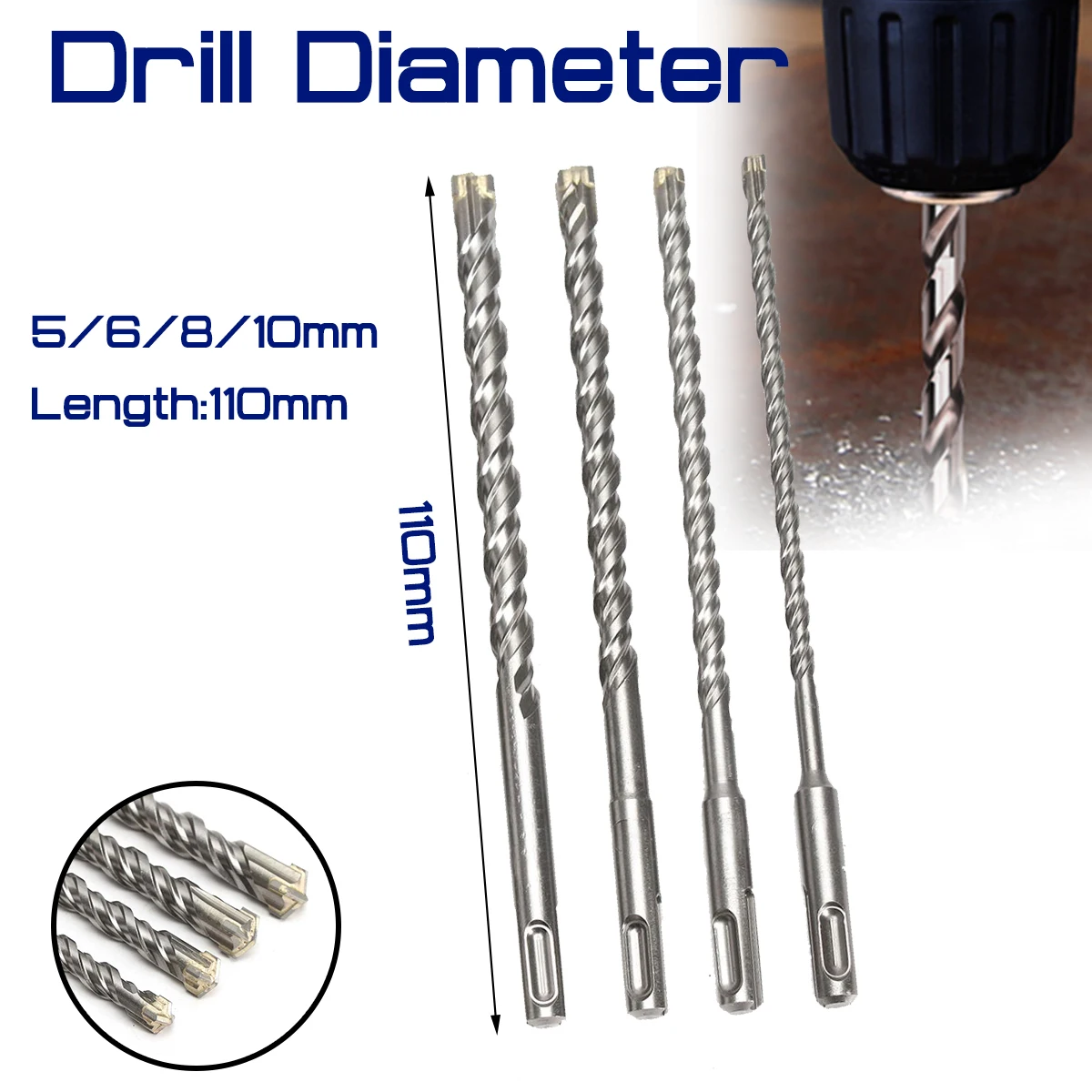 

For Electric Dril 11cm Concrete Drill Bit Double SDS Plus Slot Masonry Hammer Head Tool 5/6/8/10mm High Speed White Steel Wrench