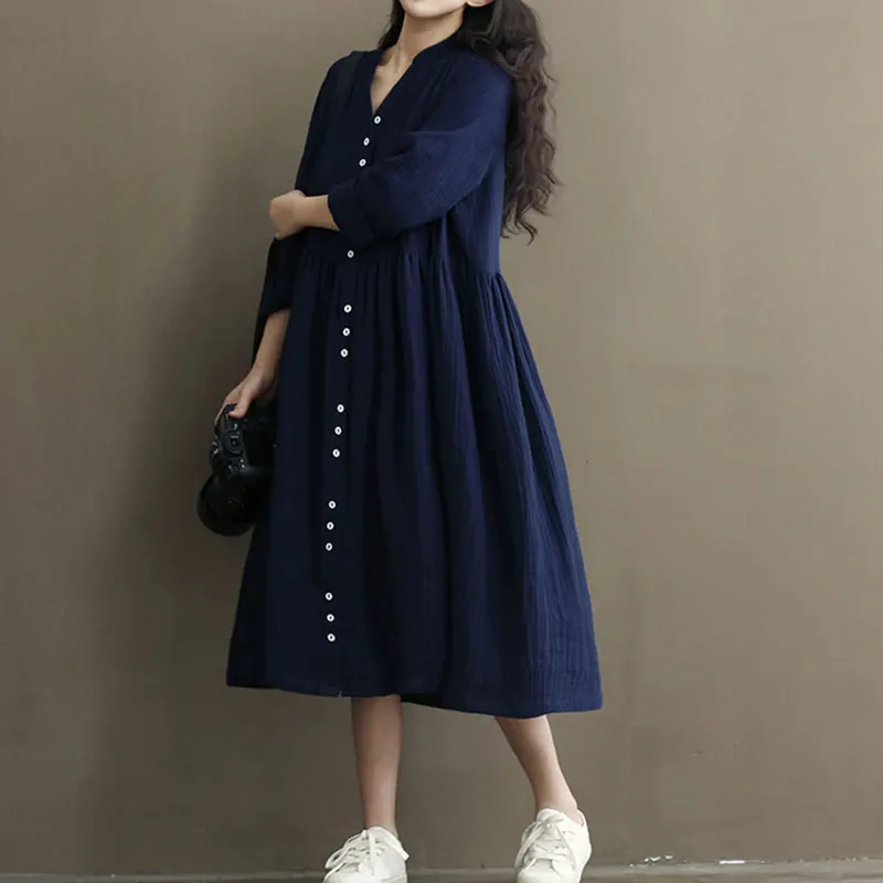 

Solid V Neck Dress Button Women Plus Size Dress Ladies Dresses Casual Summer autumn Dress Long Sleeve Linen Loose Mid-Calf Dress