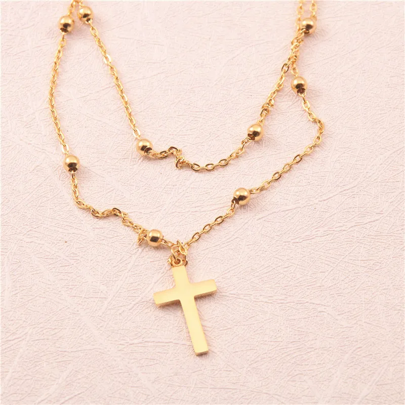 

High End Stainless Steel Jewelry Double-layer Beads Chain Cross Pendant Necklace For Women