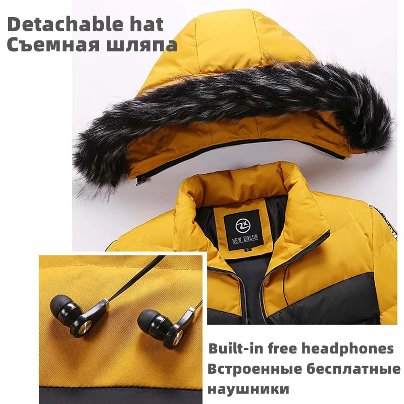 Winter Jackets Men Fur Collar Hooded Thick Warm Cotton Outwear Man Patchwork Built-in Earphone Parka Coats Windbreaker Outerwear