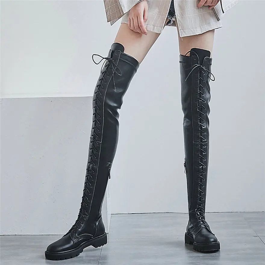 Thigh High Winter Oxfords Shoes Women Lace Up Strappy Over The Knee High Motorcycle Boots Female Long Shaft Fashion Sneakers