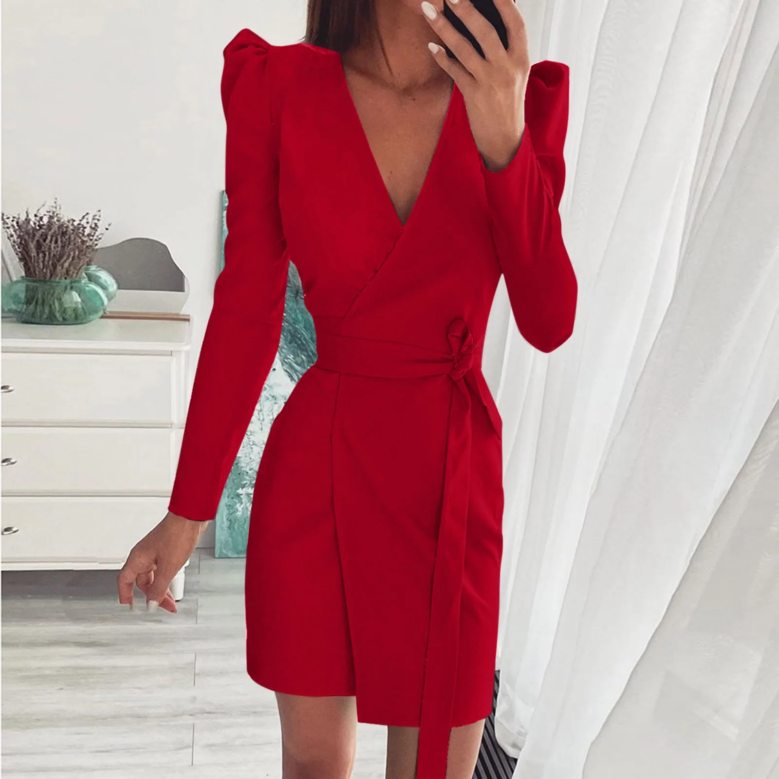

Women's V-Neck Princess Sleeves Sexy Temperament Dress Spring Sexy Dress Belt Lace Up Soft Party Casual Dress Women's Dress #M