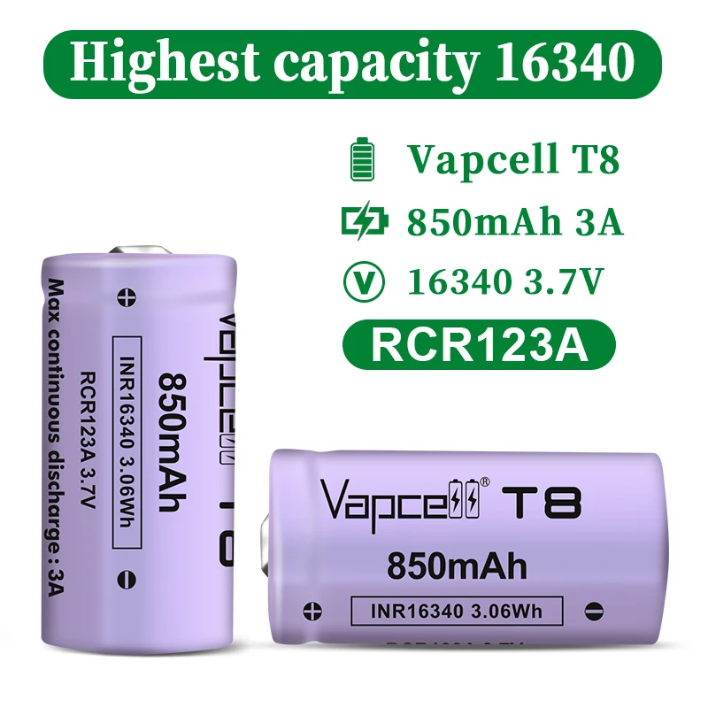 Vapcell оригинальный 16340 850 мА/ч 3A T8 заряжаемый литий-ионный аккумулятор 3 7 в