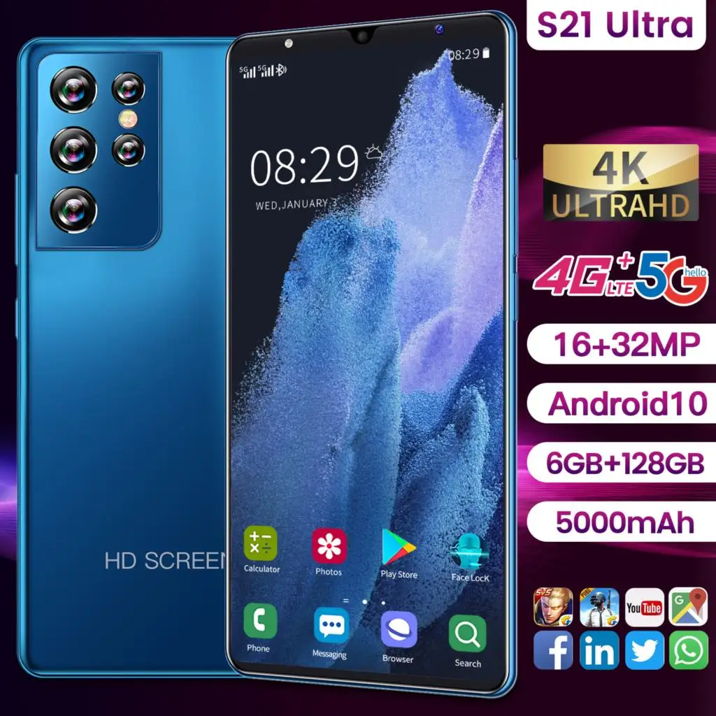 

Mini 5.0 Inch S21 Ultra Global Version Android10 Smartphone 6+128G 5000mAh 16+31MP Cellphone Face ID 4G LTE 5G Network Phone