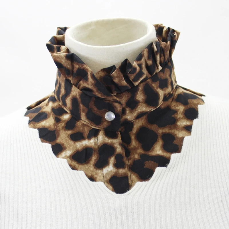 

Women Vintage Leopard Print Detachable Half Blouse Shirts Ruffles Stand-Up False Fake Collar Button Decorative Dickey