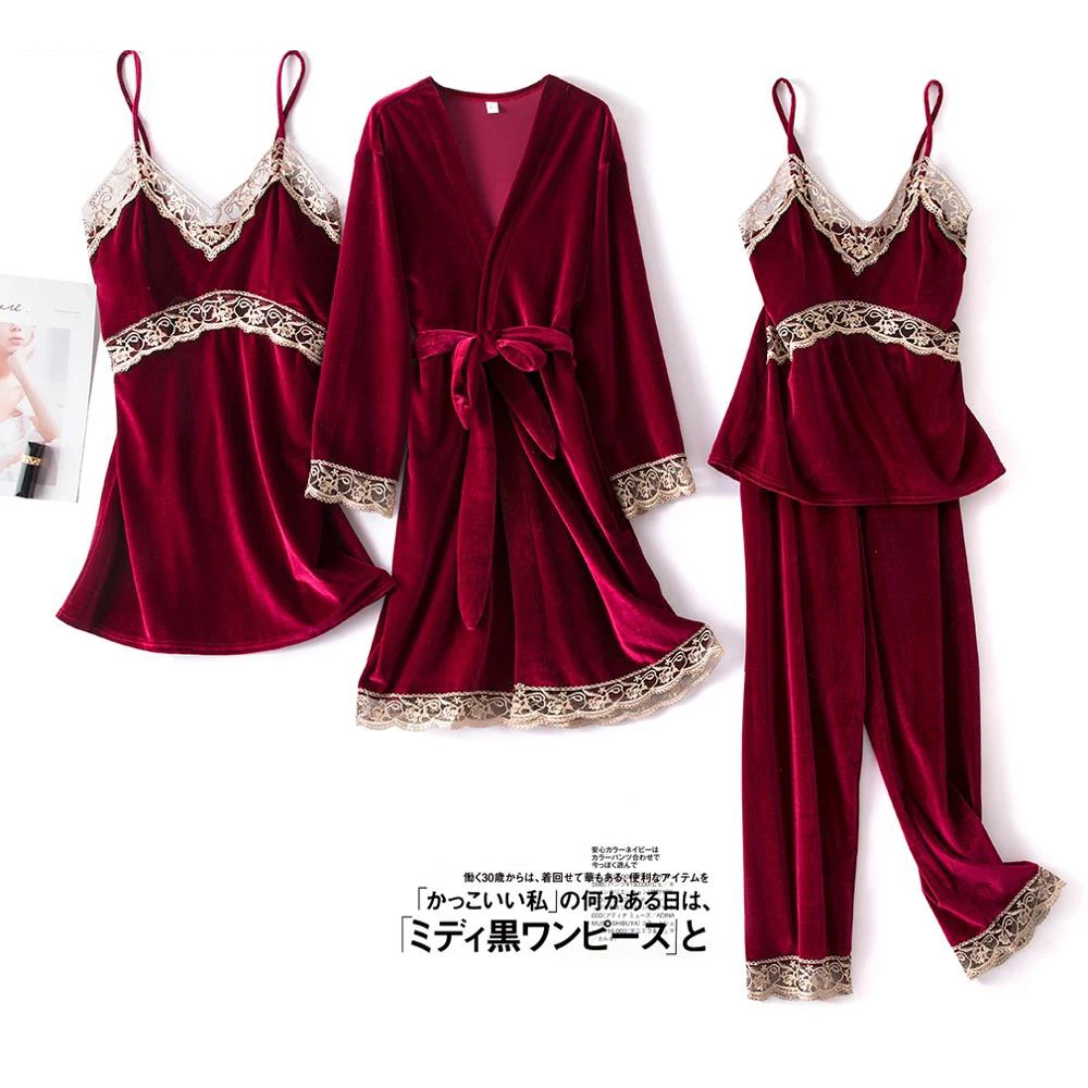 

Fashion Velvet 4 Pieces Warm Winter Pajamas Sets Women Sexy Lace Robe Pajama Sleepwear Suit Sleeveless Nightwear