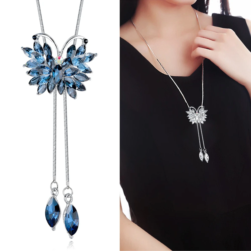Женское колье с голубой бабочкой длинное ожерелье цепочкой на свитер 2021|Ожерелья