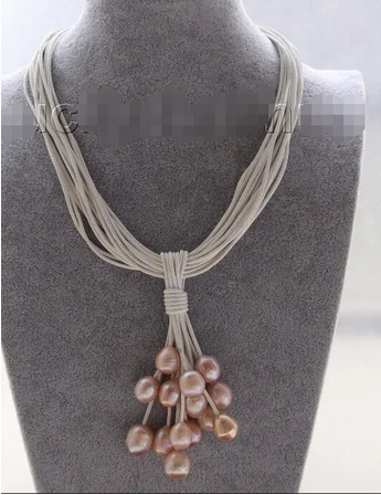 

16" 15row 14mm pink-purple pearls white leather Pendant necklace