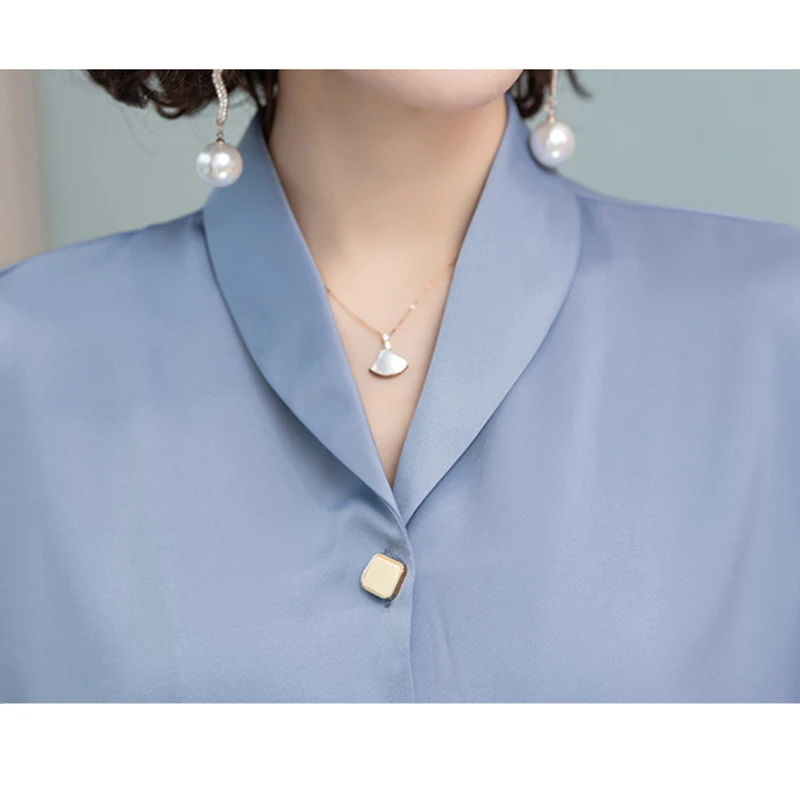 

Fashion Korean Style Blouse Femme Blue Pink White Shirt Women Button Up Silk Satin Top Mujer Elegant Office Long Sleeve Shirts